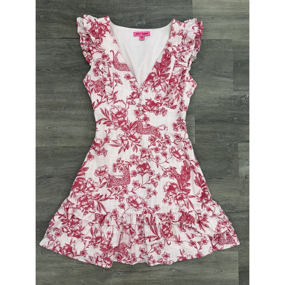 Betsey Johnson Dress XS Pink Tiger Floral Toile Ruffle Cotton Fit Flare Y2K